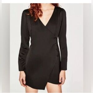 Zara Black Lace Up Cross Over Longsleeve Satin Dress Size medium